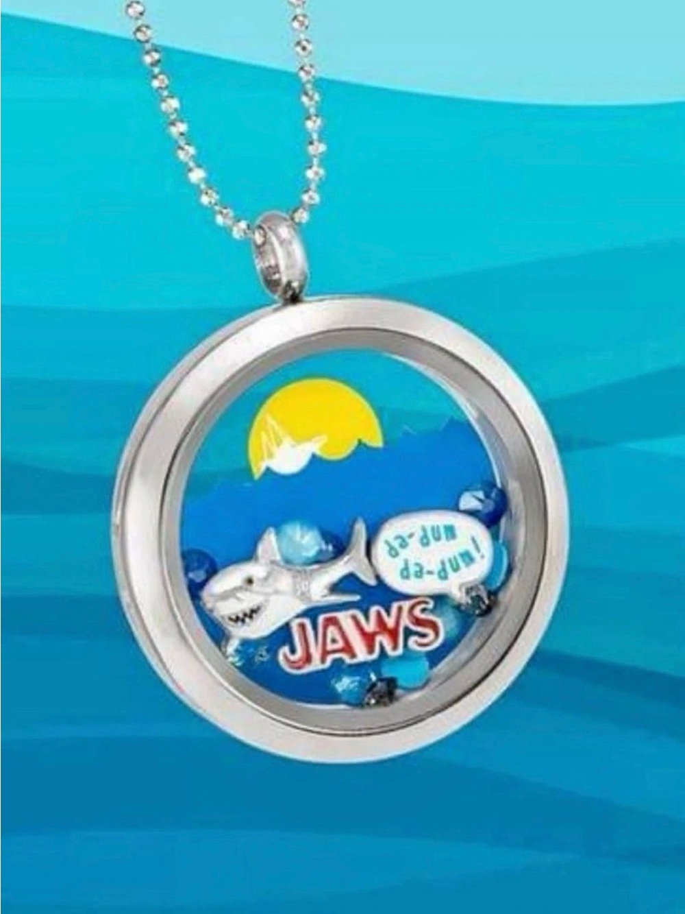 Origami Owl Silver Jaws Shark Blue Yellow Charm Locket Necklace